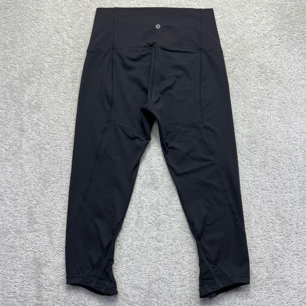 Lululemon Leggings Womens 10 Black High Cropped Mesh Panels Hem Active Yoga - Picture 7 of 14